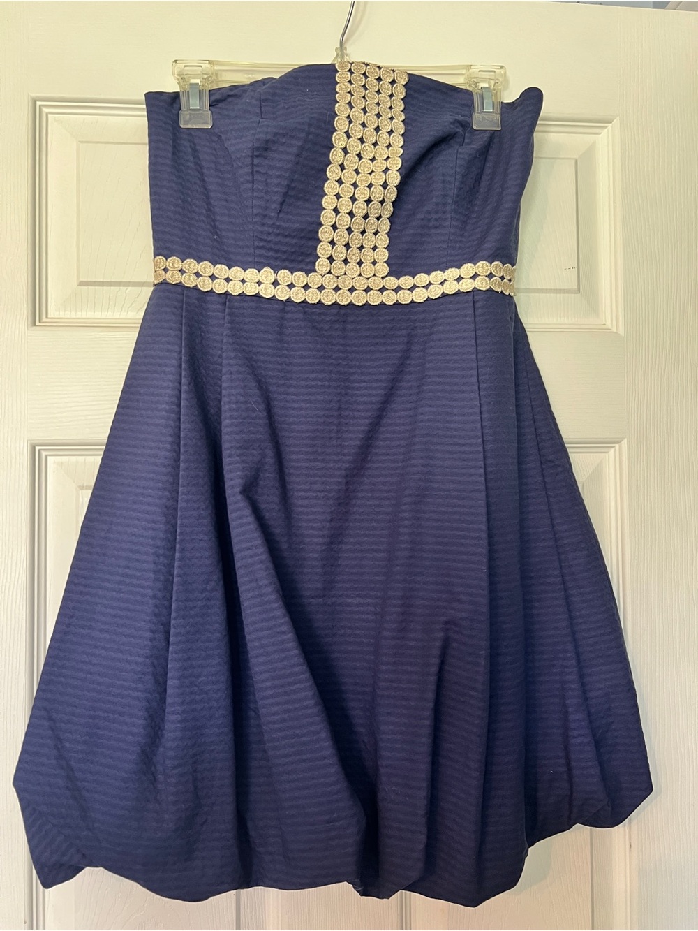 Lilly Pulitzer Strapless Navy Blue Gold Lace Regency Bubble Hem dress sz 2 - Picture 2 of 4
